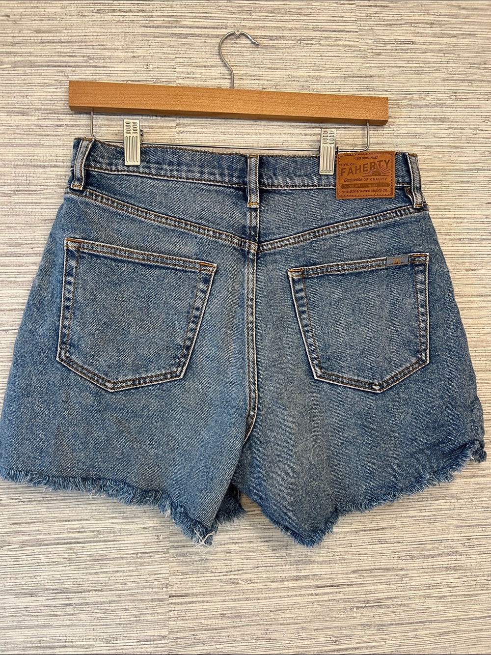 Faherty Distressed Mid-Blue High-Rise Denim Shorts